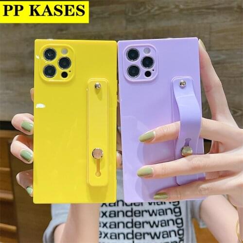 Candy Color Wrist Strap Phone Case For iPhone 11 12 Pro Max Mini XS XR SE20 7 8Plus Kickstand Soft Silicone Plain Color Cover