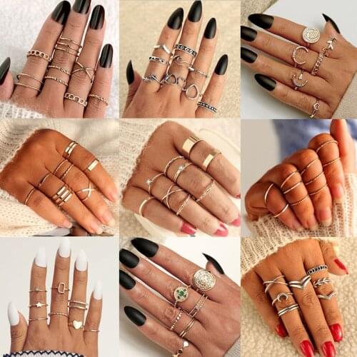 IPARAM Vintage Bohemian Gold Silver Color Jointed Ring Set for Women Geometric Alloy Crystal Finger Ring Jewelry Gift Wholesale