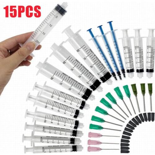 15pcs Syringes Set 14/16/20GA Blunt Tip Needle with Caps Luer Slip Syringe Glue Applicator Multi-functional