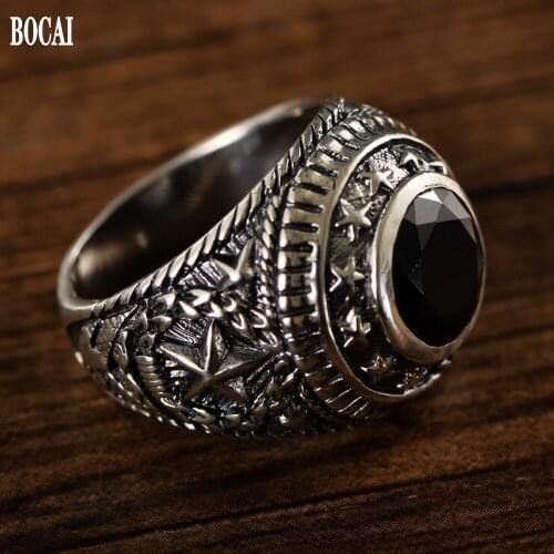BOCAI new real S925 pure silver ethnic style fashion five-pointed star peace and freedom ring black agate man ring