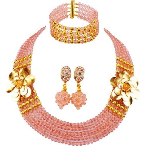Peach African Wedding Beads Jewelry Set Crystal Beaded Nigerian Necklace Jewelry Set 5LDH09