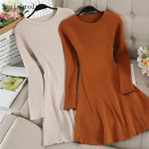 Sanishroly Autumn Winter Women A-Line Sweater Dress Slim Long Sleeve Knitted Dresses Ladies Bottoming Mini Dress Vestidos CD104