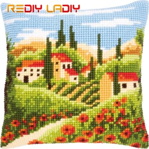 Cross Stitch Cushion Tuscan Landscape Pillow Case Pre-Printed Canvas Thick Yarn Cross-stitch Kits Needlepoint Arts and Crafts