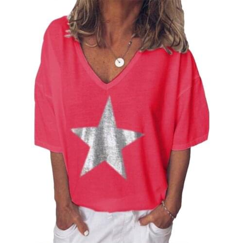 Plus Size Summer Women Star V Neck Short Sleeve T-Shirt Solid Color Loose Top