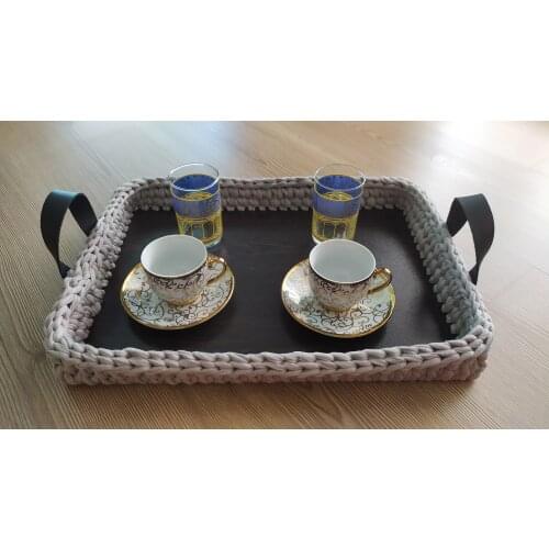 Handcrafted knitted wood based presentation tray