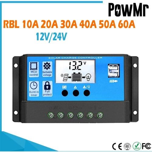 PowMr 60A/50A/40A/30A/20A/10A 12V 24V Auto Solar Charge PWM Controllers LCD Dual USB 5V 3A Output PV Regulator Lead Acid Gel Bat