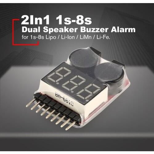 2 IN 1 1-8S Lipo/Li-ion/Fe Battery Voltage Tester Low Voltage Buzzer Alarm Checker Volt Meter Indicator Dual Speaker for RC Toys