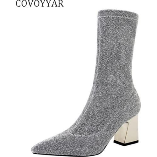 COVOYYAR Bling Women Boots Fashion Sexy Slim Fit Pointed Toe Block High Heel Boots Sock Booties Autumn Winter Women Shoes WBS488