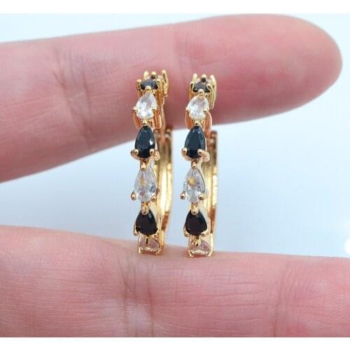 Gold Color Women Fashion White Black Teardrop Cubic Zirconia CZ Huggie Hoop Earrings Jewelry
