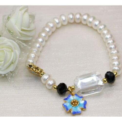 New fashion natural 6*8mm white pearl beads diy women strand clasp bracelets & bangle high grade cloisonne jewelry 7.5inch B2998