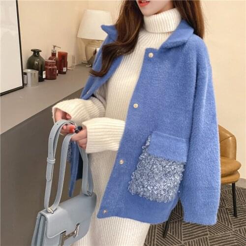 Women 2021 Autumn Winter Imitation Mink Cardigans Velvet Knitted Sweater Coat New Female Thick Short Plush Coat Outerwear