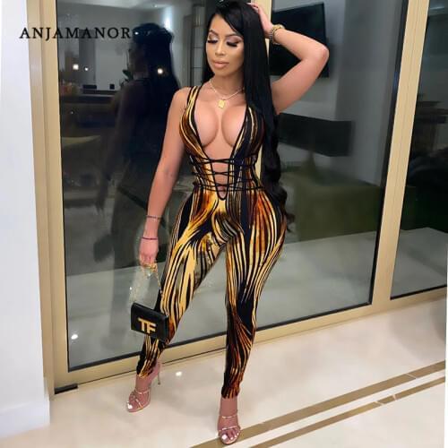 ANJAMANOR Sexy Deep V Neck One Piece Jumpsuit Women Clothing Party Club Outfits Printed Bodycon Rompers Dropshipping D6-CD27
