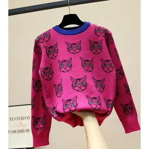 Fashion Women Sweater Warm Cartoon Cat Jacquard Jumper Long Sleeve Knitwear Autumn Winter Female Casual Pullover Knitted Tops