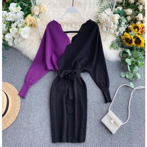 Elegant belt V-neck knit dress female sense backless autumn long-sleeved sweater dress ladies mini bag hip tops bandage dress