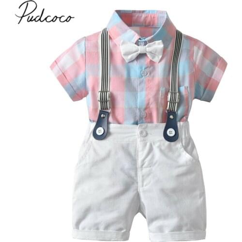 2019 Baby Summer Clothing Infant Kid Baby Boy Clothes Sets Formal Tuxedo Gentleman Suit Plaid Romper Overall Pants Outfits 6M-4T