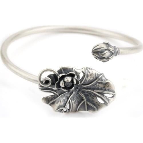 Opening Bangle 925 Sterling Silver European Style Silver Ink painting Lotus with Leaves Vintage Jewelry for Women Girls