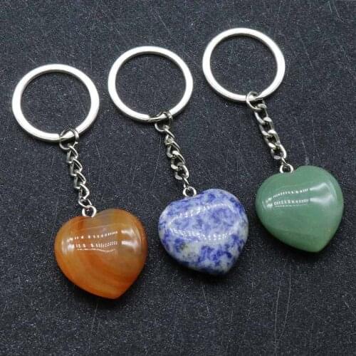 6pcs/lot High Quality 29*29mm Heart Shaped Natural Stone Keychain Pendant Fashion Jewelry Pendant Healing Pendulum Keychains