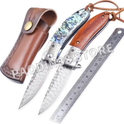 Damascus Blade Outdoor Pocket Knife Folding Knife Gift Knife Portable Self-defense Knife with Leather Sheath