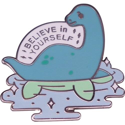 Believe In Yourself Swimming Dinosaur Brooch Pins Enamel Metal Badges Lapel Pin Brooches Jackets Jeans Fashion Jewelry