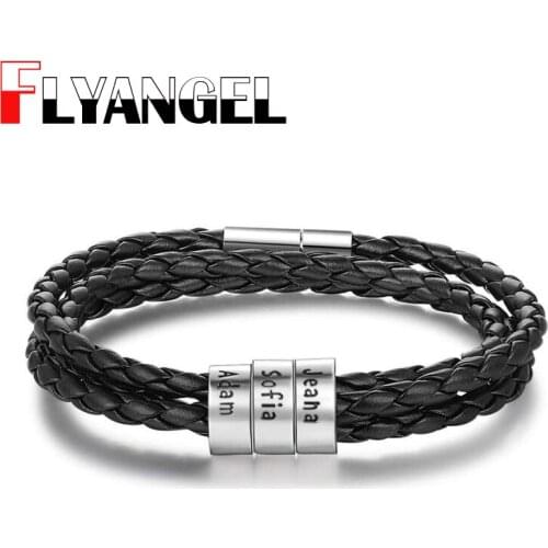 FLYANGEL Customize Braided Leather Bracelet Engrave Family Names Beads Charm Bracelet Couple Gift Men Wrist Cuff Bracelet