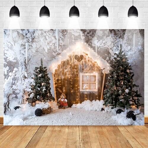 Winter Snow Backdrop for Photography Christmas Tree Frozen Wonderland House Xmas Party Banner Decor Background Rabbit Light