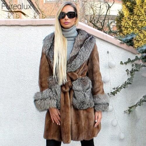 FUREALUX 2021 Natural Real Mink Fur Coat With Fox Fur Collar Womens Fashion Warm Lace-up Parker Jacket New Trend Street Style