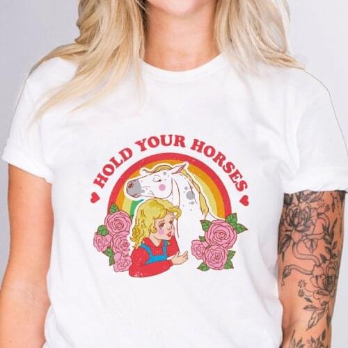 Colored Hold Your Horses T-shirt Aesthetic Western Cowgirl Farm Tshirt Camiseta Cute Country Girl Graphic Tee Shirt Top