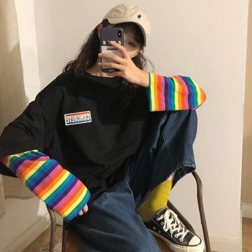 Rainbow Sleeve Harajuku T-Shirt WomenS Stitching Long Sleeve T-Shirt Stripe Printing O-Neck Chic Tops 2021 Summer Streetwear