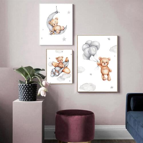 Bear Balloon Moon Animal Canvas Painting Nursery Child Poster Art Print Cartoon Wall Picture Nordic Kid Baby Bedroom Decoration