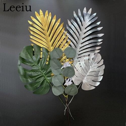 Leeiu 5pcs Wedding Christmas Decoration For Home Artificial Plants Fake Monstera Eucalyptus Leaves Christmas Flowers Party Decor