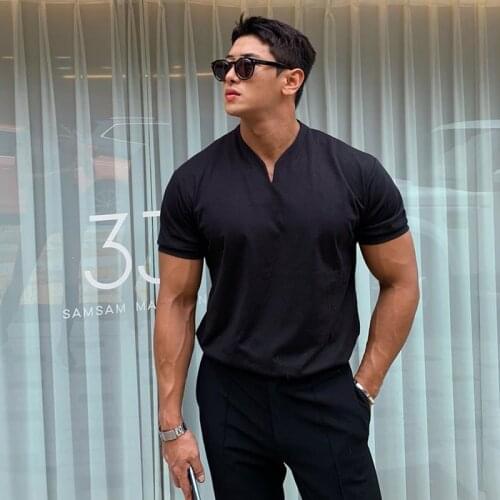 2021 Fashion New V neck polo short sleeve Men Slim Fit t-shirt men gym fitness comfortable casual T-shirt summer movement tshirt