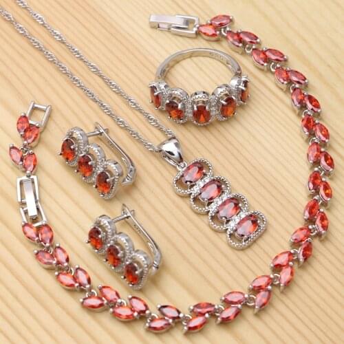 925 Silver Kits Engagement Jewelry Sets For Women Red Cubic Zirconia Ring Bracelet Pendant Earrings Necklace Set