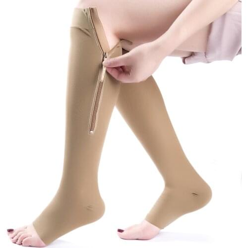 New Women Pressure Socks Middle Zipper Function Leg Prevent Veins Nurse Stepping BeautifulFeet Value 23-32mmHG Grade Black Skin