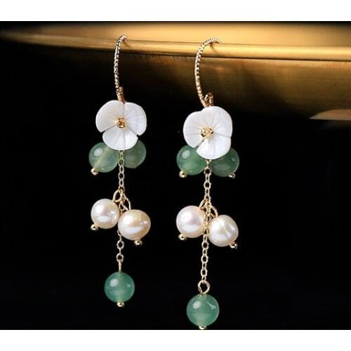 Original Design Vintage Long Tassel Drop Earrings Natural Fresh Water Pearls Earrings with Flower Leaf Stones for Womans Gift