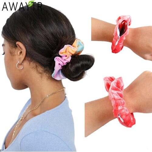 2020 New Zipper Scrunchies Women Funny Velvet Elastic Hairband Winter Hair Tie Pocket Ponytail Holder Hair Accessories Headdress