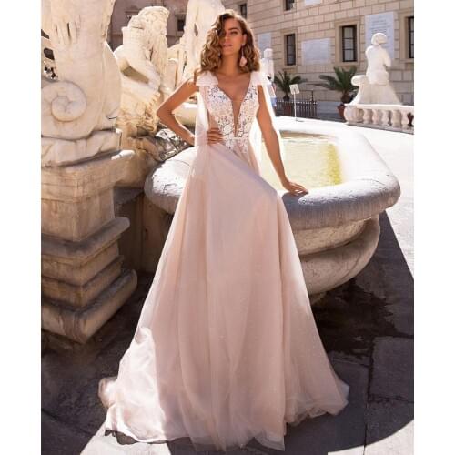 Sexy V-Neck Lace Appliques A-Line Bridal Wedding Dress Spring Backless Tulle Formal Bridal Gowns Simple Vestido De Mariee