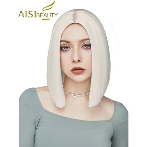 AISI BEAUTY Synthetic Wigs Short Straight White Bob Hair Black Purple Middle Hairline for Women Heat Resistance Daily Cosplay