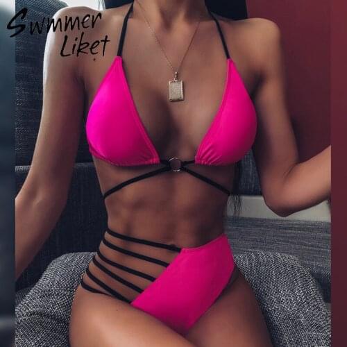 String lace up bikini Bandage bathing suit Neon bikini 2020 Halter high waist swimwear women Brazilian sexy swimsuit female new