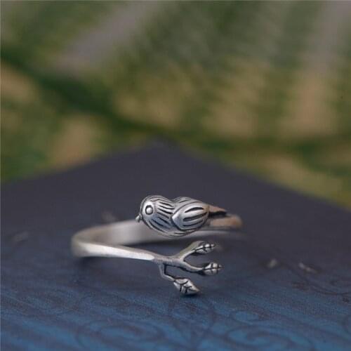 BESTLYBUY Solid 990 Pure Silver Vintage Bird Open Rings for Women Girl Gift Thai Silver Animal Ring Cute Jewelry Accessories