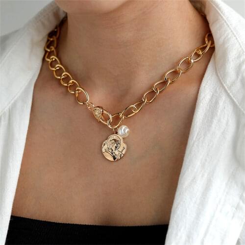 VKME charm geometric metal coin pearl necklace thick gold chain necklace women Pendant Necklaces Drop shipping Jewellery gifts