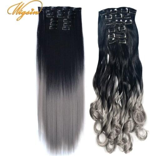 WIGSIN 24Inch 16Clips Long Straight Wavy Synthetic Invisible Hair Extensions Ombre Gray Brown Clip In Hairpieces for Women