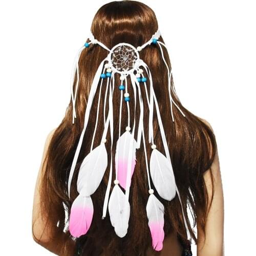 Pink Peacock Feather Headband Fashion Indian Hair Accessories African Bohemian Hippie Headband Dream Catcher Headdress Jewelry