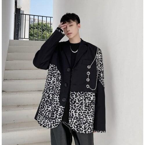 Yamamoto Wind Vintage Leopard Print Stitching Suit Men Design Sense Personality Korean Jacket Hair Stylist Singer Loose Clothing