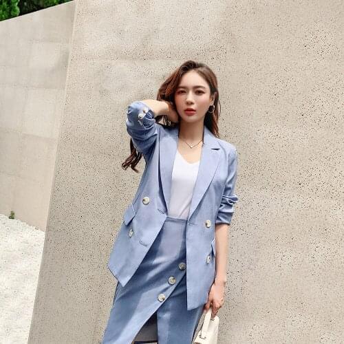Womens Two Pieces Suits Long Sleeve Slim Blazer and Sexy Split Skirt Suits Set Formal Office Work Blazer Suits