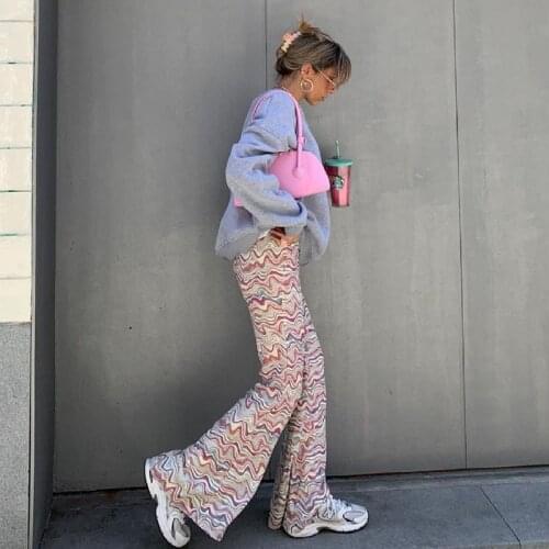 Women’s High Waist Flare Pants Trendy Abstract Striped Print Wide Leg Long Pants 2021 Streetwear
