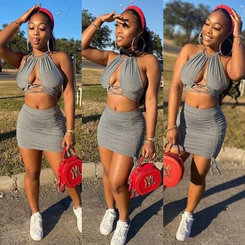 Echoine Women 2 Piece Set Skirt Solid Color Halter Sleeveless Criss-cross Crop Top And Drawstring Bodycon Casual Beach Outfits