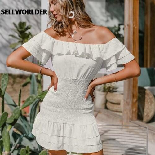 Women Casual Solid Bodycon Slim Vestidos Retro Short Flared Sleeves Summer Dresses Off shoulder Pink Ruffle Sheath Dress