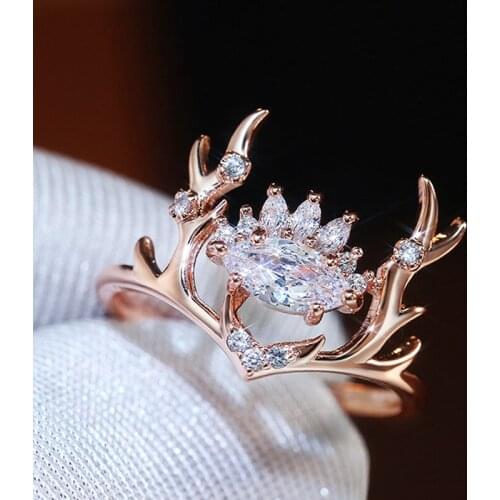 Rose Gold Plated Elk Antler Ring White Zircon Crystal Party Womens Ring Xmas Gifts Birthday Banquet Women Fine Jewelry