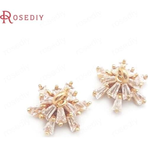 40116)6PCS 24K Champagne Gold Color Brass and Zircon with Half Pin Bead Caps Charms Pendants Diy Jewelry Making Supplies