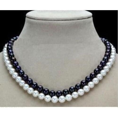 925silver GoldDouble Strands 9-10mm Natural South Sea Black&White Pearl Necklace 18"
